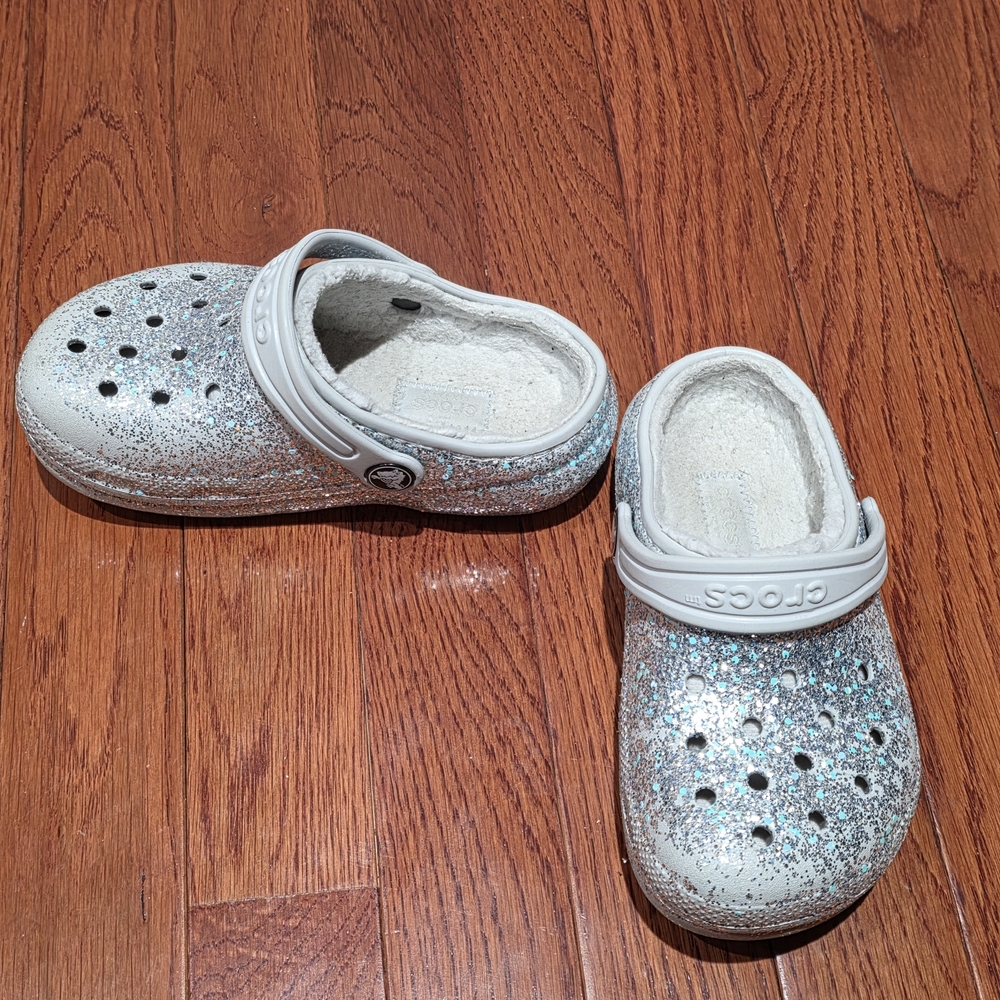 CROCS Kids Sparkly Glitter Slippers - Silver